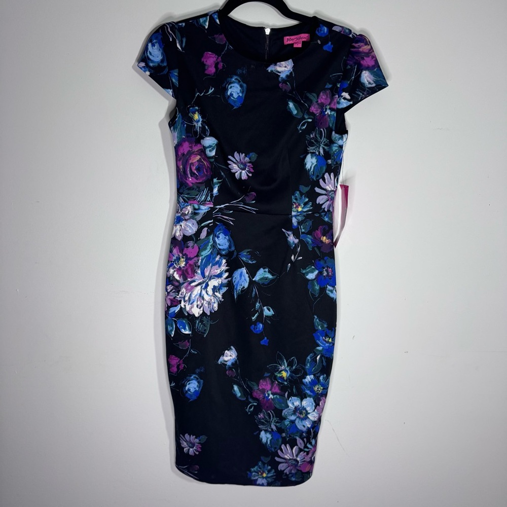 Betsey Johnson Size 4 Black Purple Blue Floral Bodycon Sheath Dress NWT